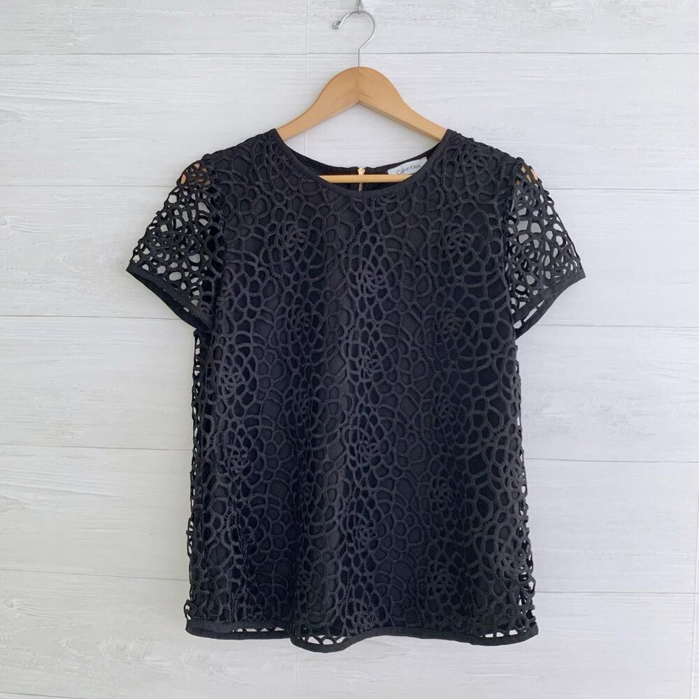 Calvin Klein - Black lace short sleeve zip back top, M